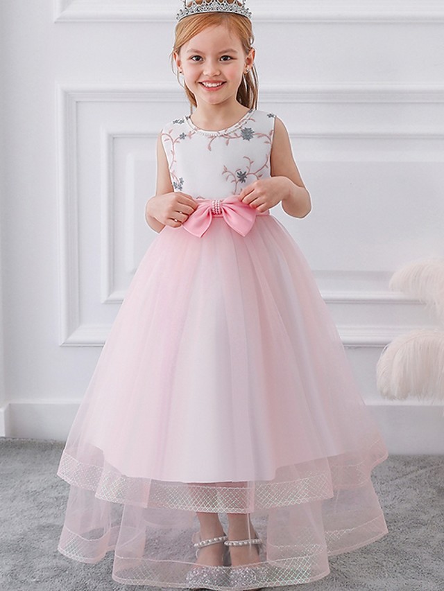 Princess / Ball Gown Floor Length Wedding / Party Flower Girl Dresses - Tulle Sleeveless Jewel Neck With Sash / Ribbon / Bow(S) / Appliques