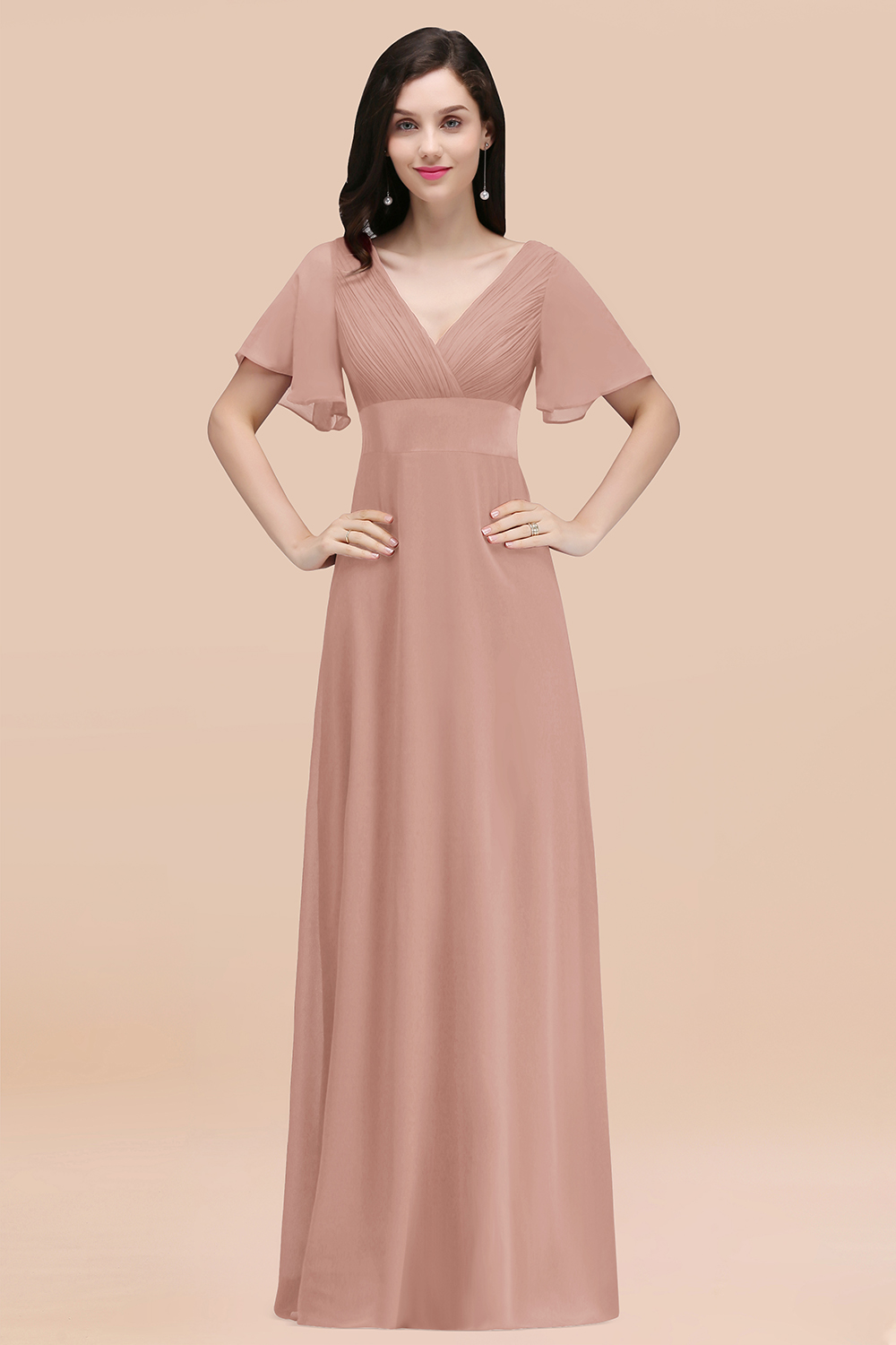 Simple A-Line Chiffon V-Neck Short-Sleeves Ruffles Floor-Length Bridesmaid Dresses