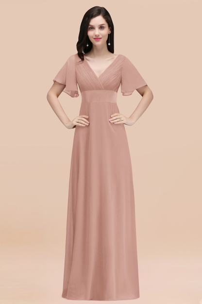 Simple A-Line Chiffon V-Neck Short-Sleeves Ruffles Floor-Length Bridesmaid Dresses