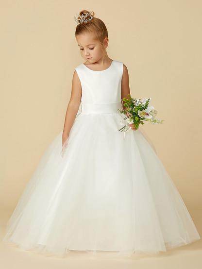 A-Line Floor Length Wedding / First Communion Flower Girl Dresses - Satin / Tulle Sleeveless Jewel Neck With Bow(S) / Buttons