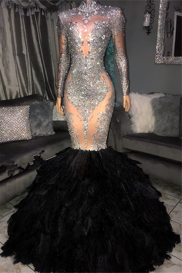 Black Long Mermaid High Neck Sequined Prom Dress with Sleeves