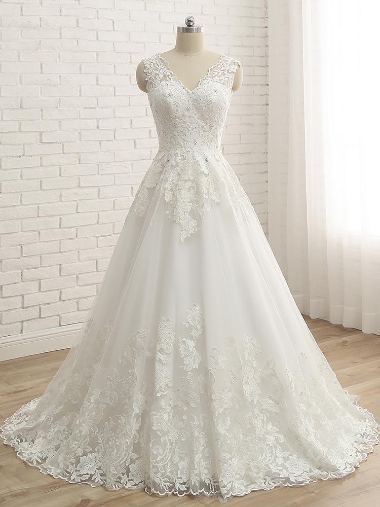 Elegant Long A-line V-Neck Lace Tulle Lace Wedding Dresses