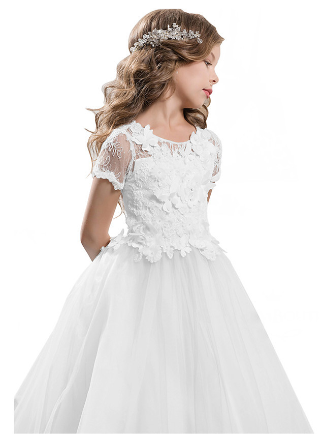 Long A-line Tulle Jewel Neck Appliques Lace Flower Girl Dresses with Sleeves