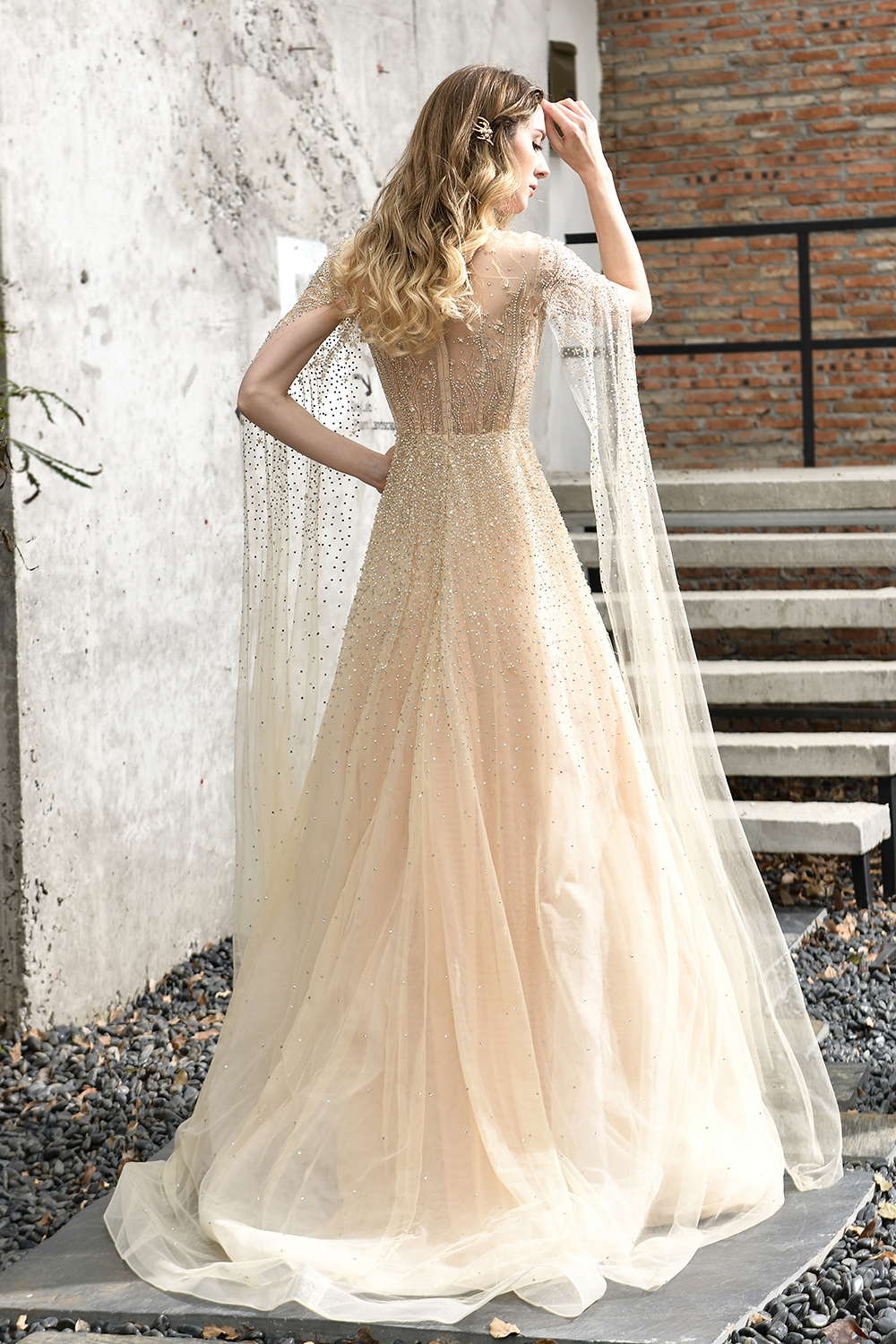 Luxury Shawl Sequined A-line Long Prom Dress