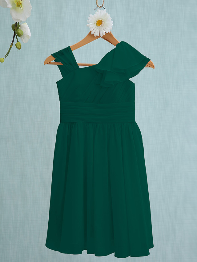 Sheath / Column Straps Knee Length Chiffon Junior Bridesmaid Dress With Ruffles / Side Draping / Natural