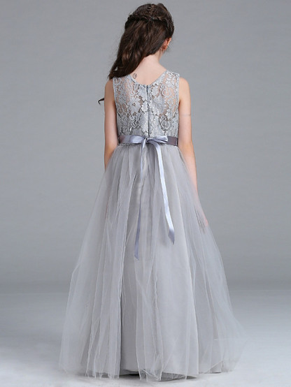 Long Floor Length Tulle Lace Junior Bridesmaid Dress A-line Flower Girl Dresses
