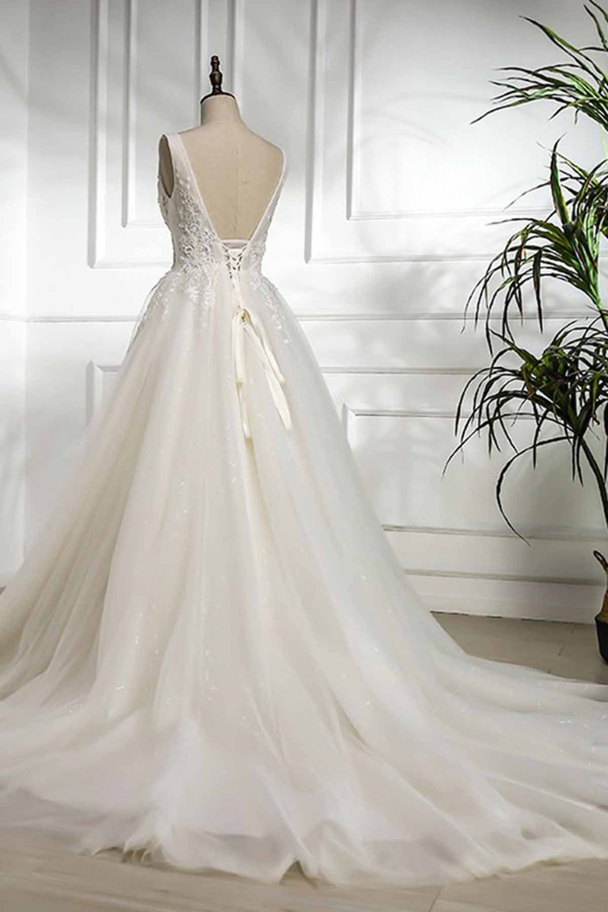 V Neck Long Lace White Lace Sweep Train A-line Wedding Dress