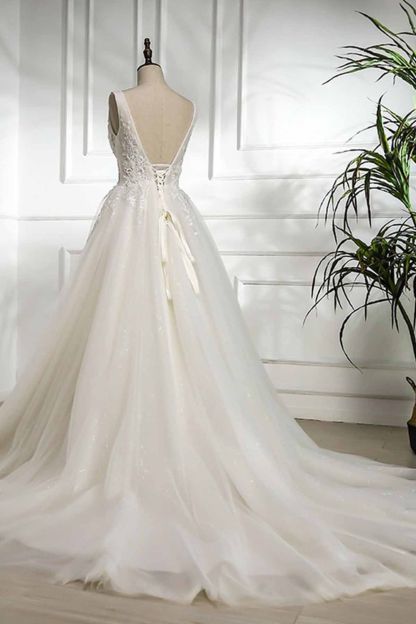 V Neck Long Lace White Lace Sweep Train A-line Wedding Dress