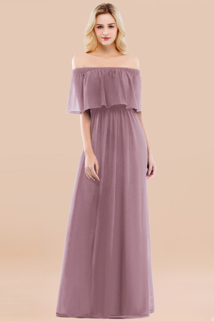 A-line Chiffon Off-the-Shoulder Short-Sleeves Ruffles Floor-length Bridesmaid Dress