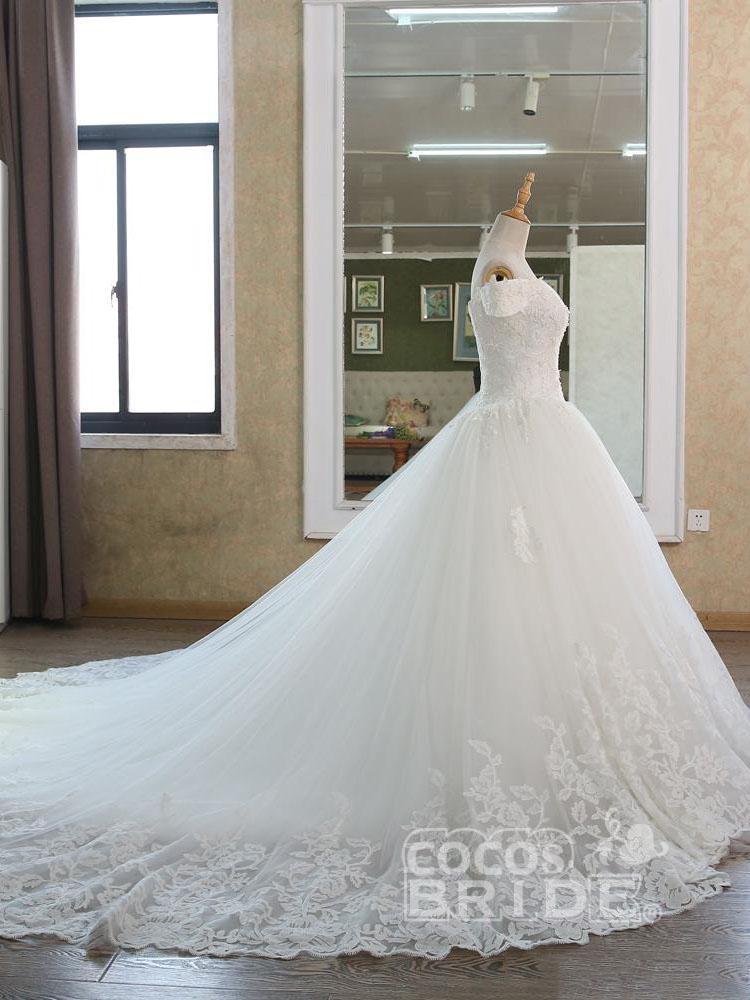 Elegant Long A-line Off the Shoulder Tulle Appliques Lace Wedding Dresses
