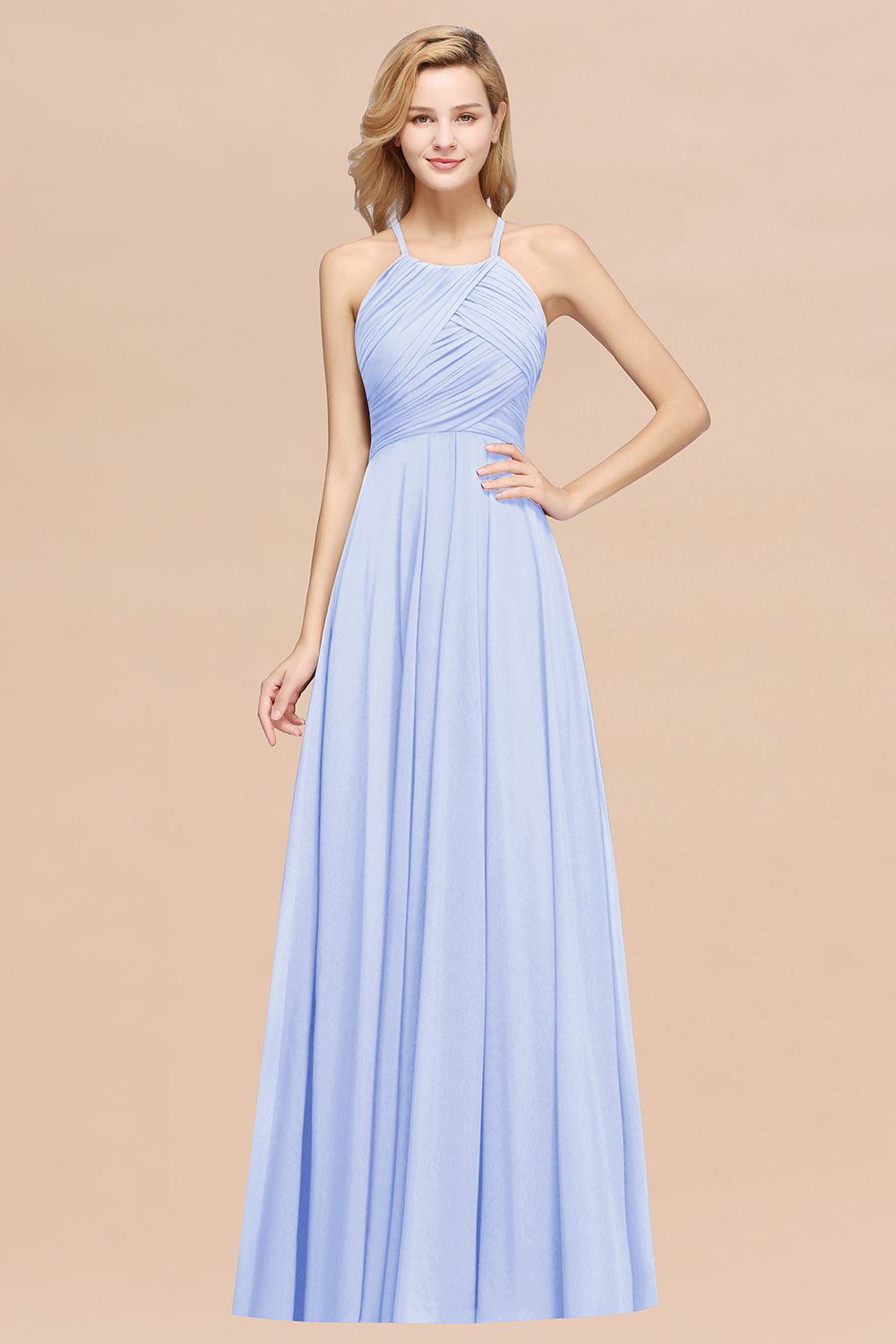 A-Line Chiffon Halter Ruffles Floor-Length Bridesmaid Dress