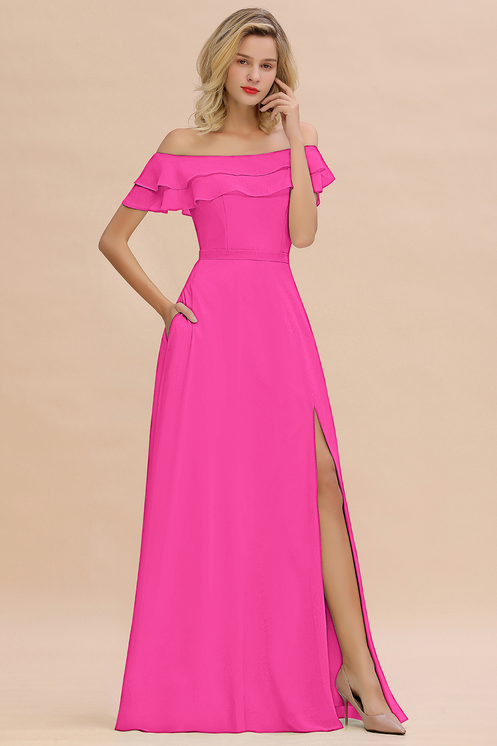 Off-the-Shoulder Front Slit Mint Green Long Bridesmaid Dress