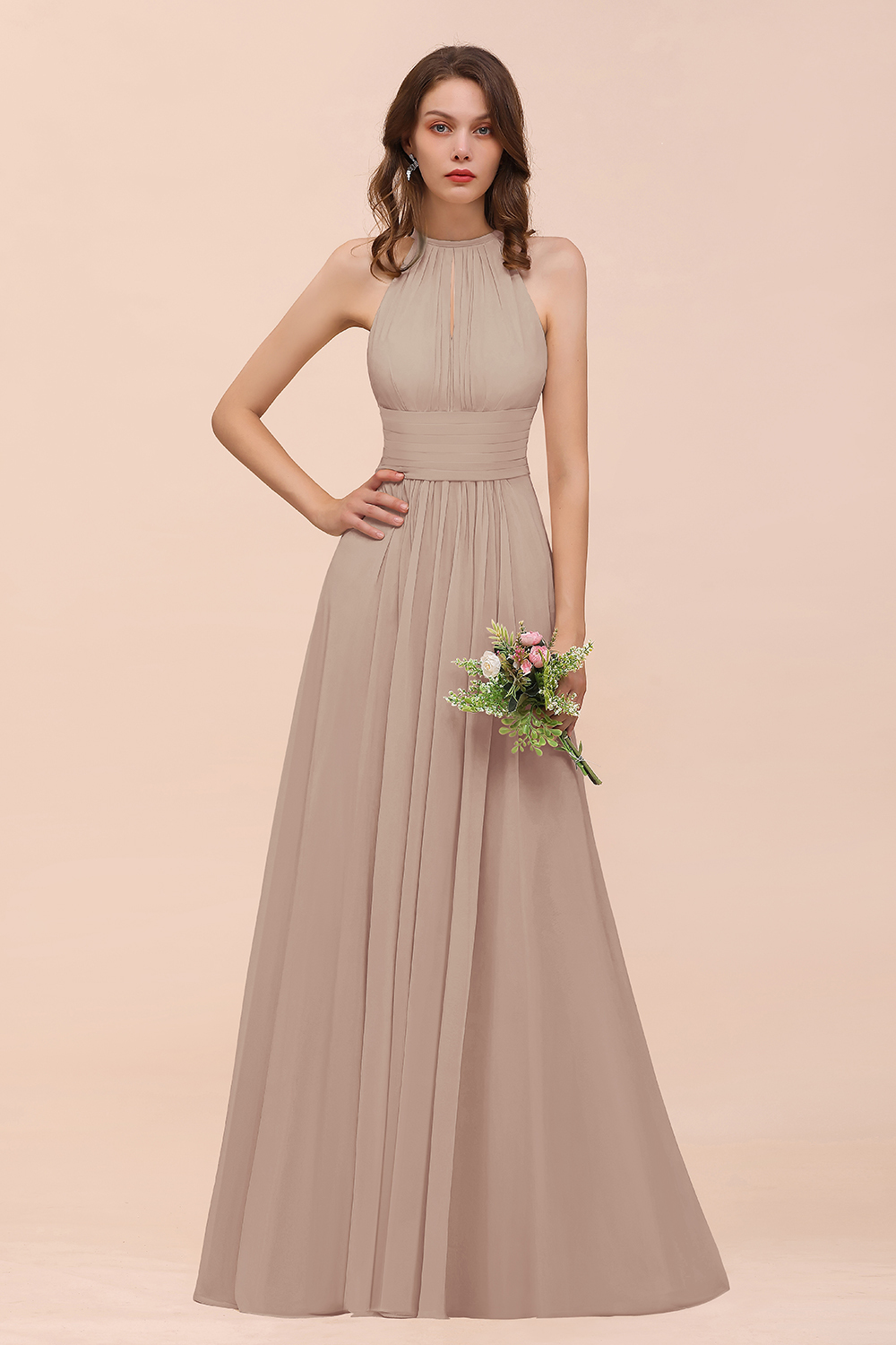 Elegant Long A-Line Jewel Ruffle Chiffon Champagne Bridesmaid Dress