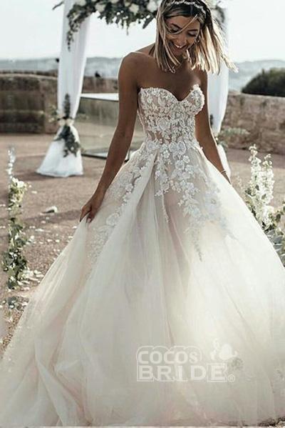 Elegant A Line Sweetheart Tulle Lace Applique Long Wedding Long Dress