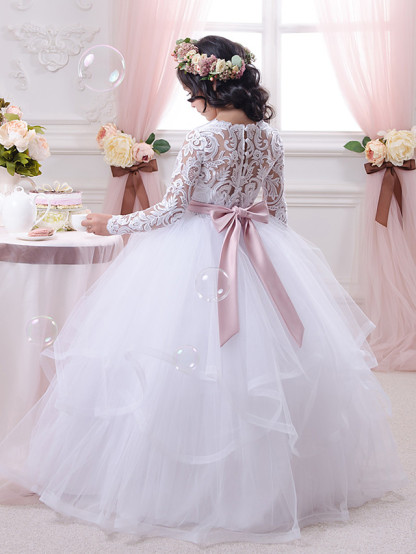 White Long Ball Gown Tulle Lace Flower Girl Dresses with Sleeves