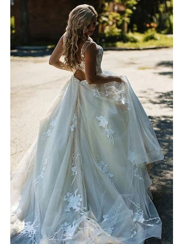 Long A-line V Neck Court Train Tulle Spaghetti Strap Backless Wedding Dresses