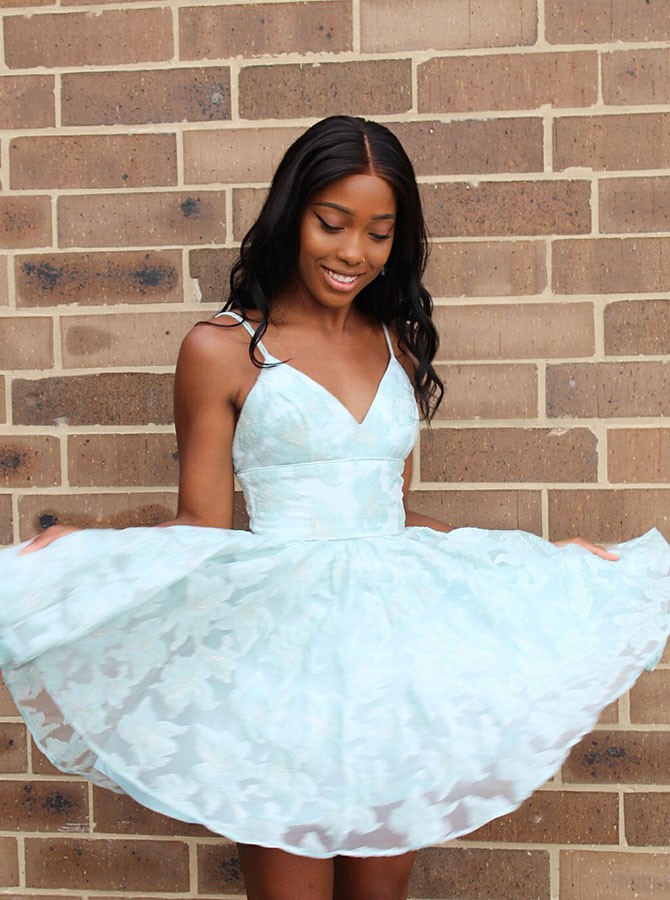 Cute Short Lace Spaghetti Strap A-line Backless Homecoming Dress - CoCosBride