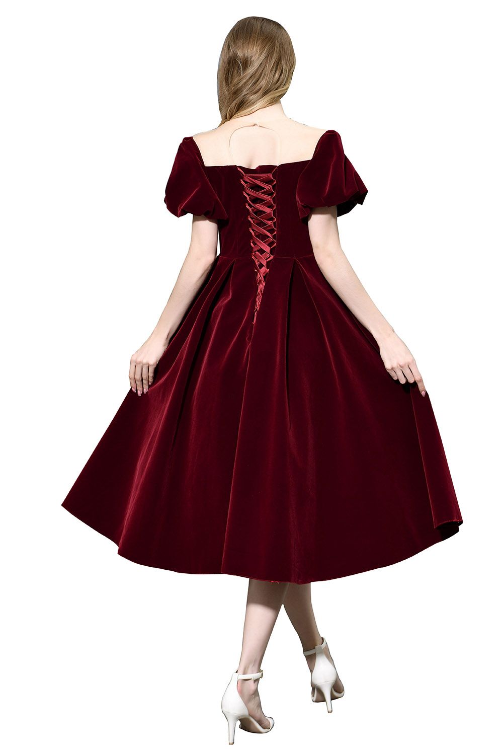 Burgundy Velvet Bubble Sleeve V-neck Short Prom Dress