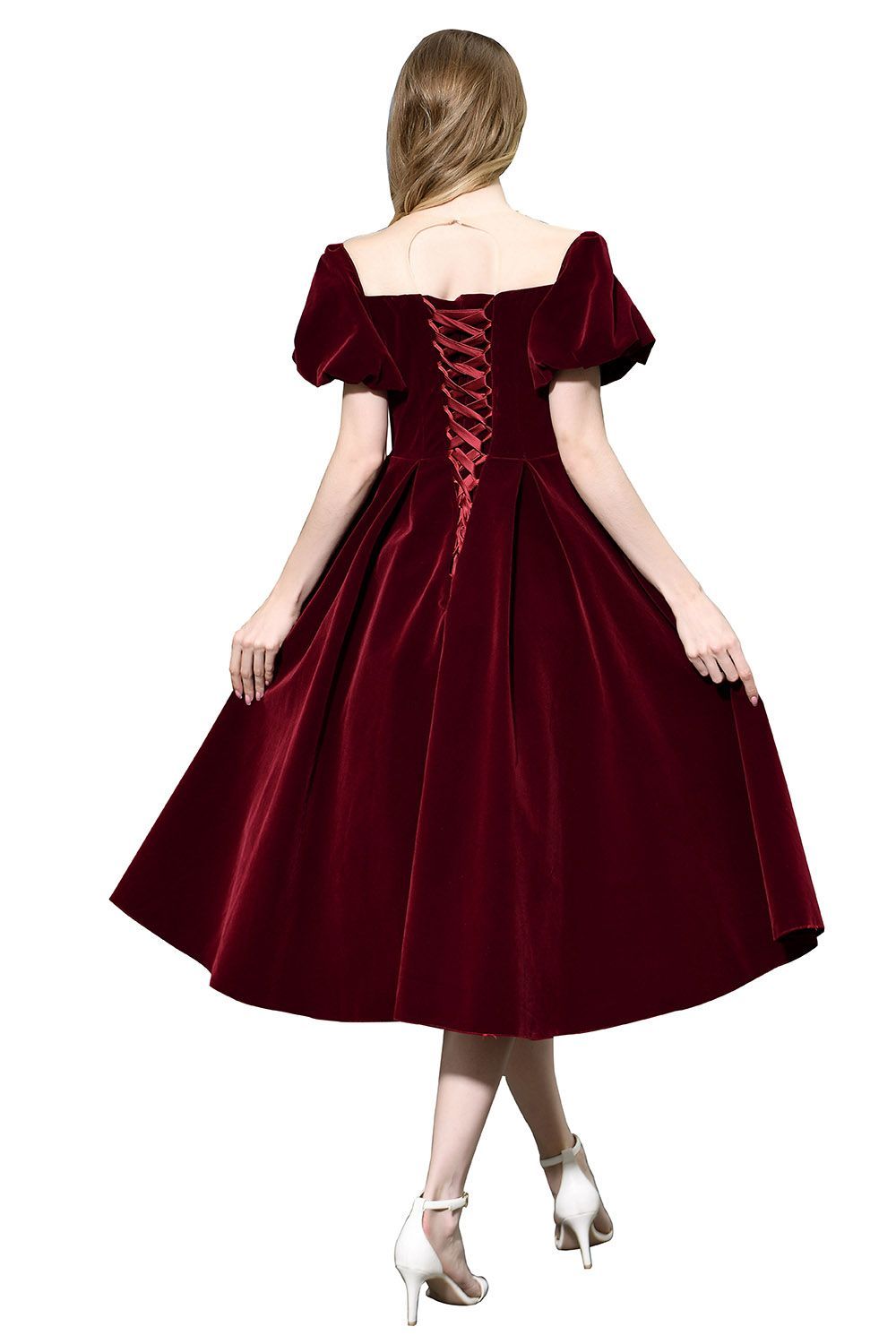 Burgundy Velvet Bubble Sleeve V-neck Short Prom Dress