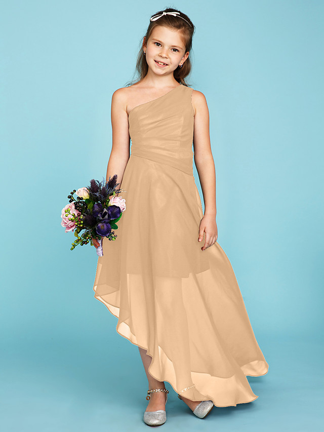 A-Line One Shoulder Asymmetrical Chiffon Junior Bridesmaid Dress With Side Draping / Wedding Party