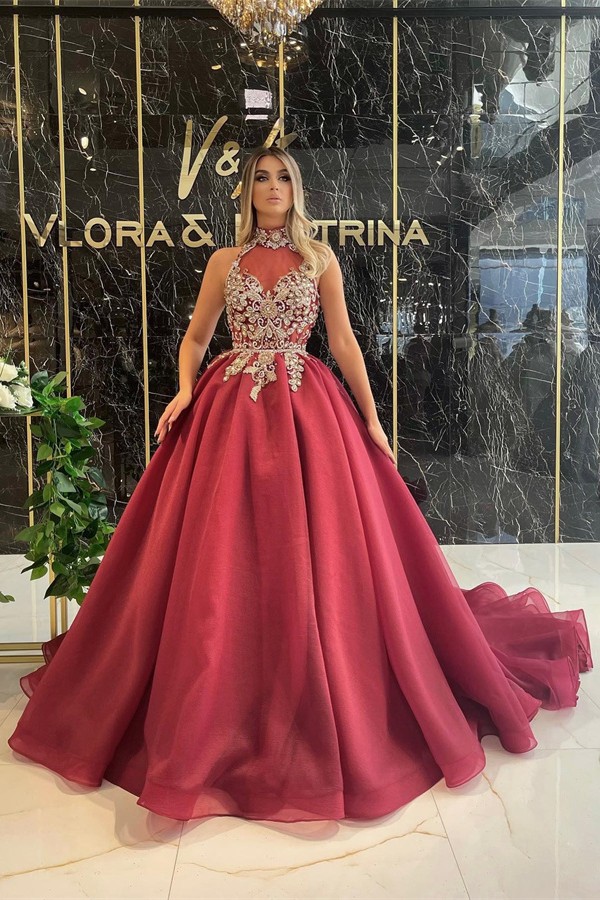 Long Ball Gown High Neck Tulle Evening Formal Dresses With Appliques Lace