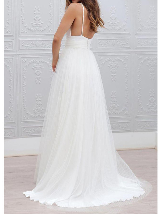 White Long A-Line Spaghetti Strap V-neck Tulle Open Back Wedding Dresses