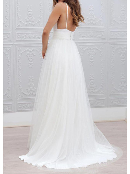 White Long A-Line Spaghetti Strap V-neck Tulle Open Back Wedding Dresses
