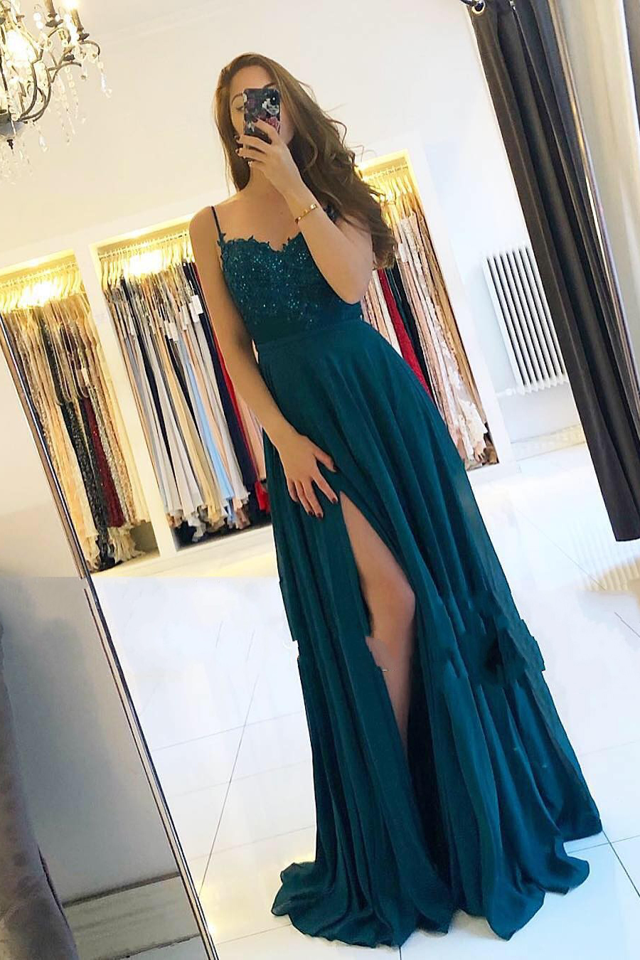 Spaghetti Straps Lace A-Line Ruffles Floor-length Prom Dress With Side Slit