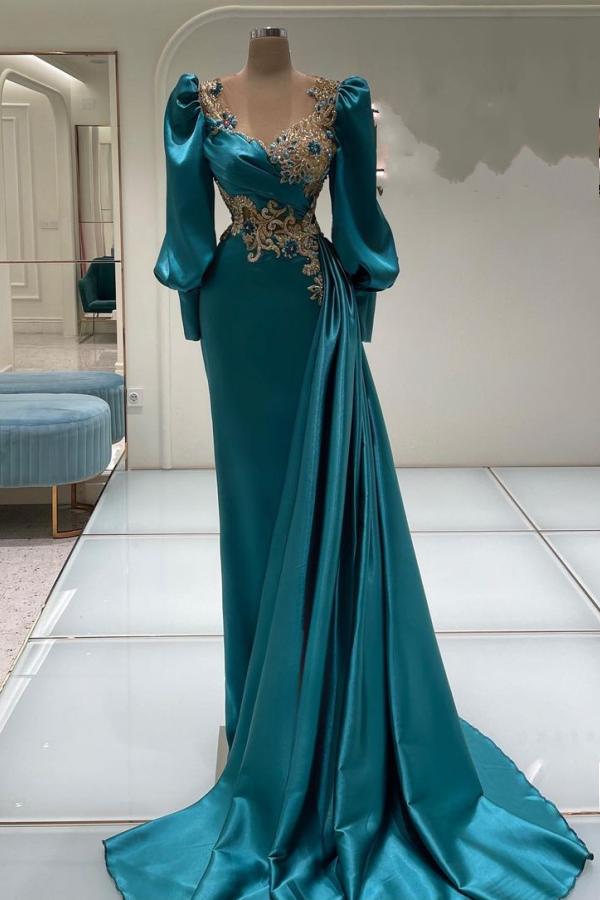 Long Mermaid Sweetheart Satin Beaded Formal Evening Dresses with Sleeves