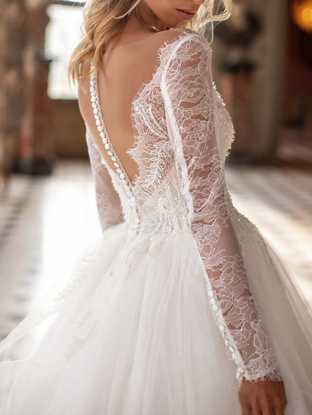 Long A-line V-neck Court Train Lace Tulle Wedding Dresses with Sleeves