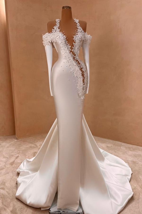 Flower Off The Shoulder Long Sleeve Mermaid Satin Long Prom Dress with Beads