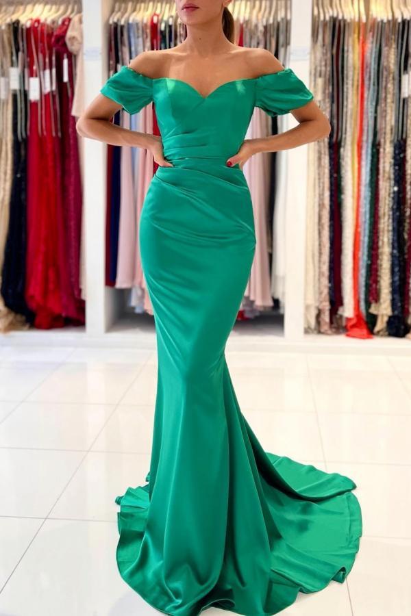 Stunning Long Mermaid Off the Shoulder Satin Prom Dresses with Sleeves