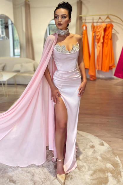 Long Mermaid Sweetheart Satin Split Front Prom Dress with Cape