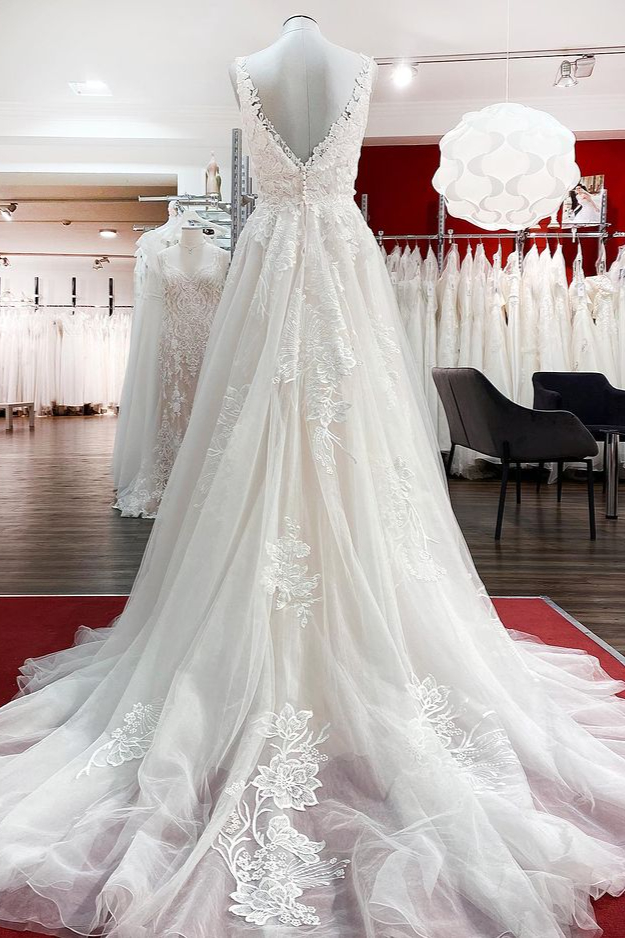 Elegant Long A-line Tulle V Neck Lace Ruffles Open Back Wedding Dresses