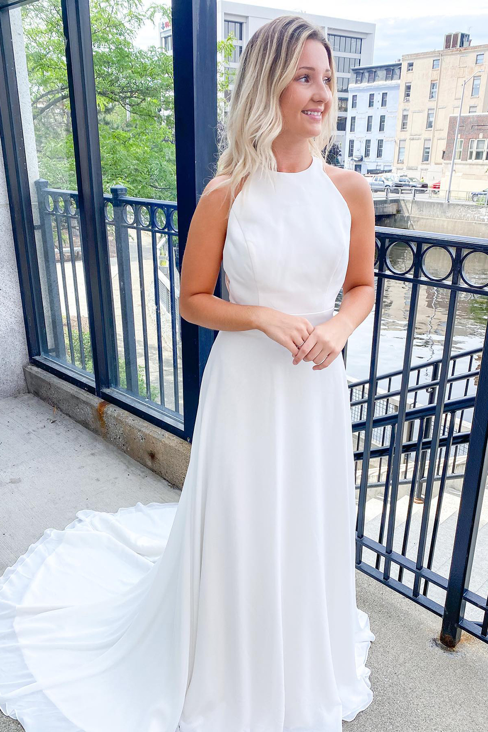 Classy Long Halter A-line Floor-length Open Back Train Wedding Dress With Ruched