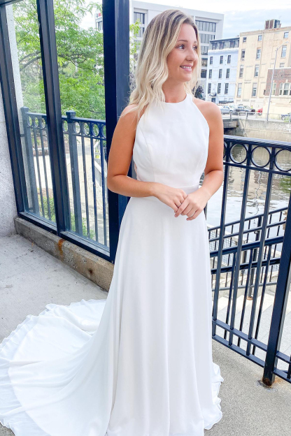 Classy Long Halter A-line Floor-length Open Back Train Wedding Dress With Ruched