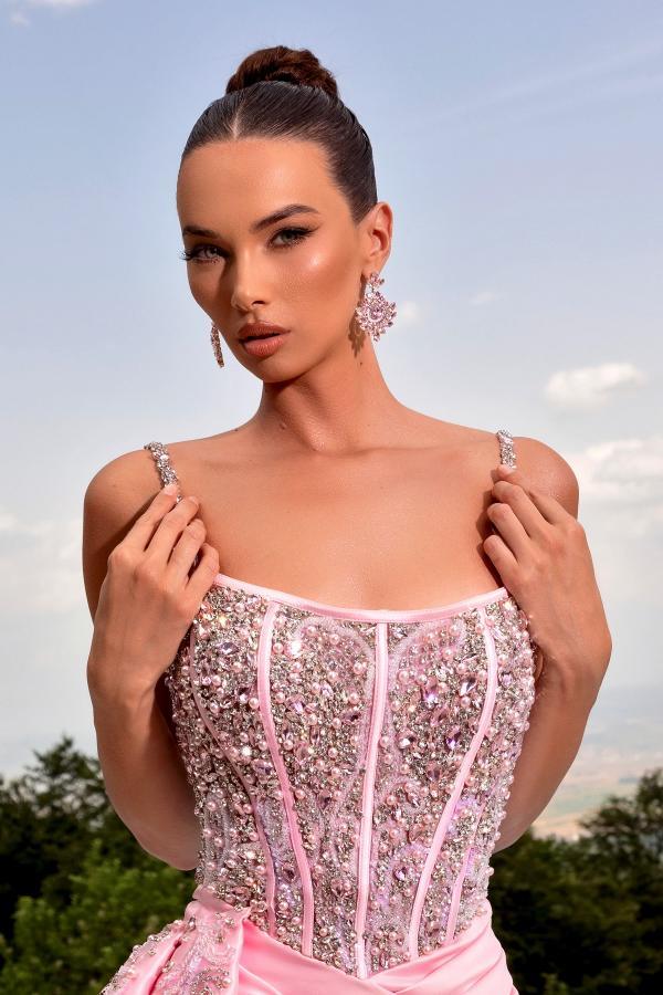 Split Front Pink Spaghetti Straps Floor Length Draped Mermaid Prom Dress with Beads