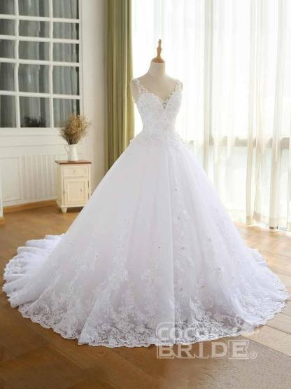 Modest White Long A-line V-Neck Tulle Lace-up Wedding Dresses