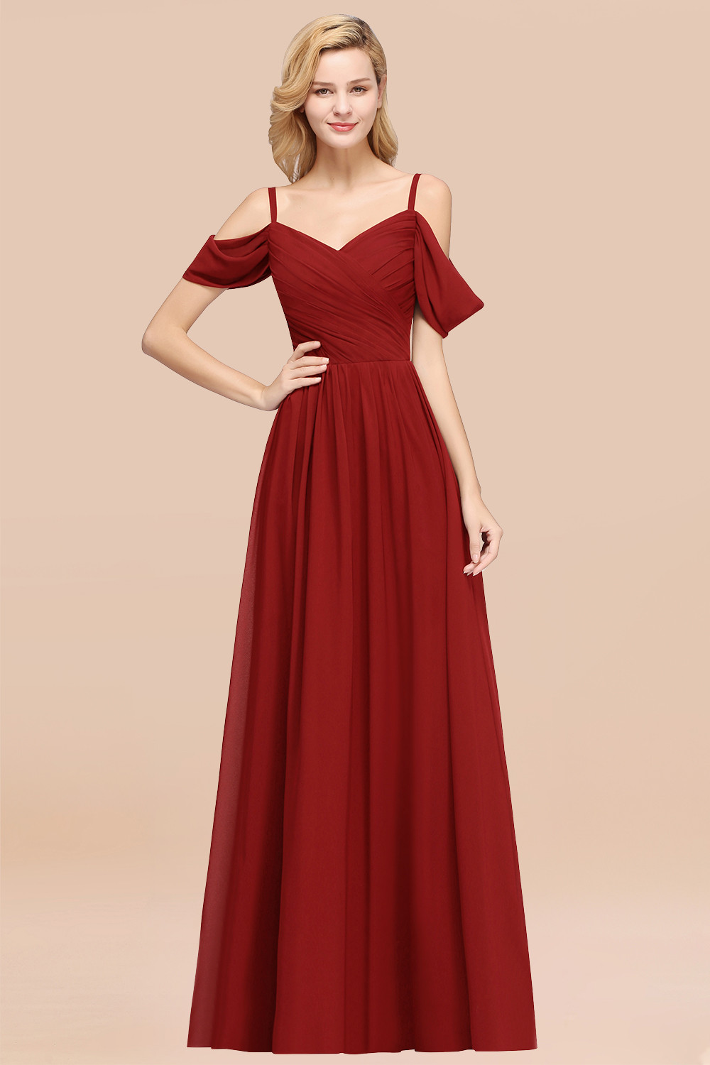 A-Line Chiffon V-Neck Spaghetti Straps Short-Sleeves Floor-Length Bridesmaid Dresses with Ruffles