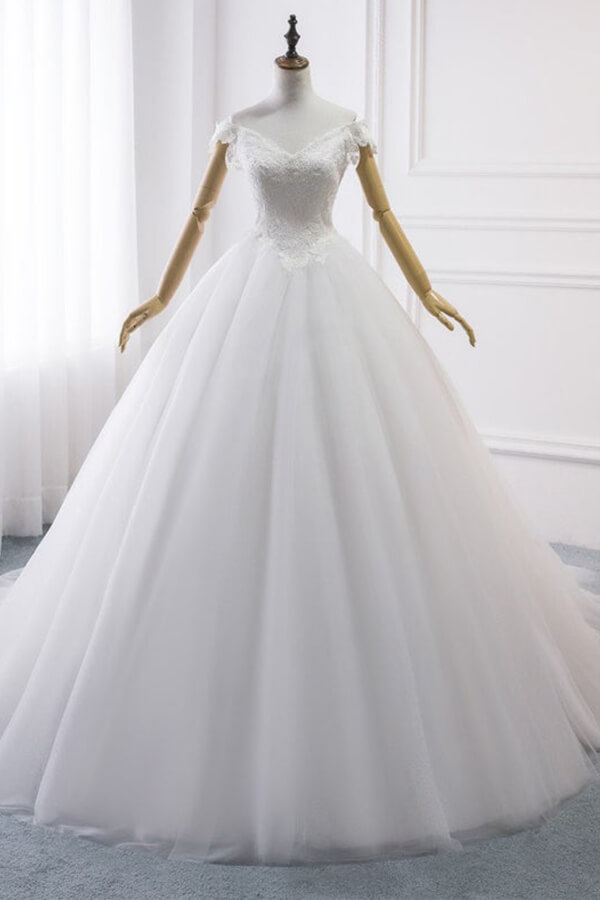 Amazing Long Off the Shoulder V-neck Lace Tulle Ball Gown Wedding Dress