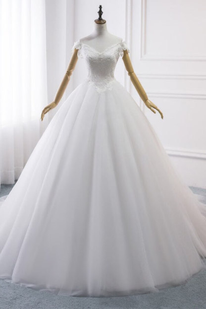 Amazing Long Off the Shoulder V-neck Lace Tulle Ball Gown Wedding Dress
