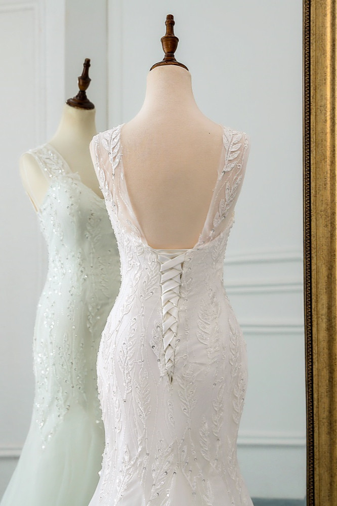 Gorgeous Long Mermaid V-neck Tulle Wedding Dress with Beadings