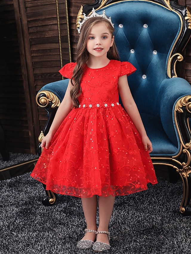 Princess / Ball Gown Knee Length Wedding / Party Flower Girl Dresses - Tulle Cap Sleeve Jewel Neck With Sash / Ribbon / Bow(S) / Embroidery