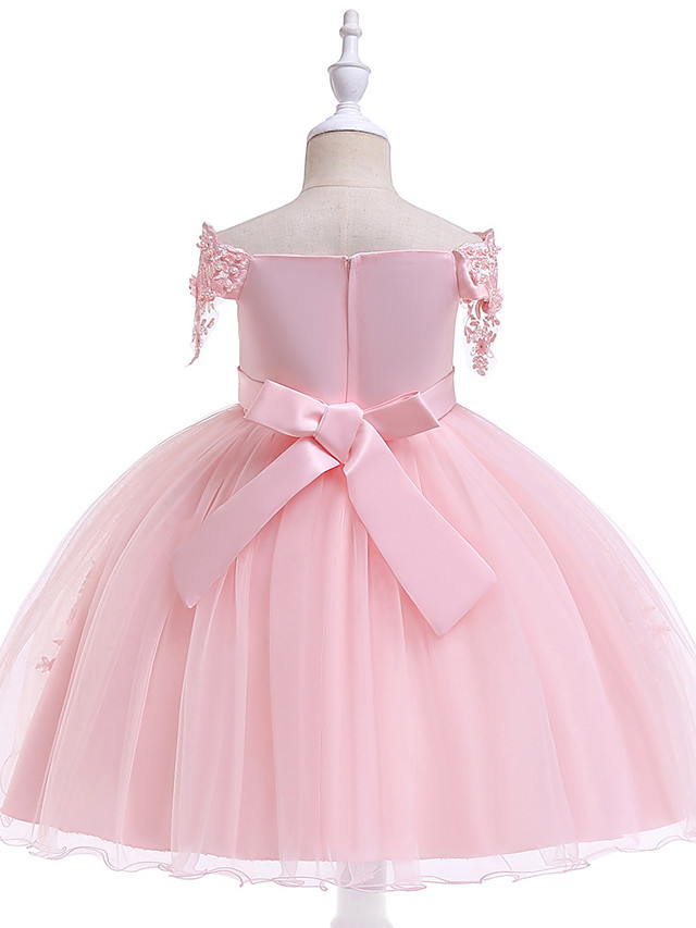 Princess Above Knee Wedding / Party / Pageant Flower Girl Dresses - Satin / Tulle Short Sleeve Off Shoulder With Lace / Beading / Appliques