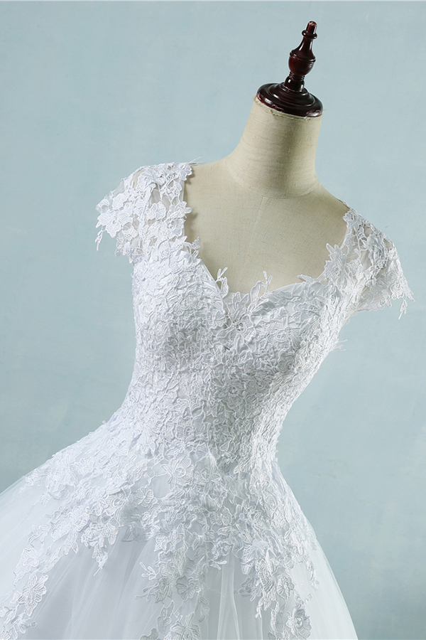 Appliques Cap Sleeve Tulle A-line Wedding Dress