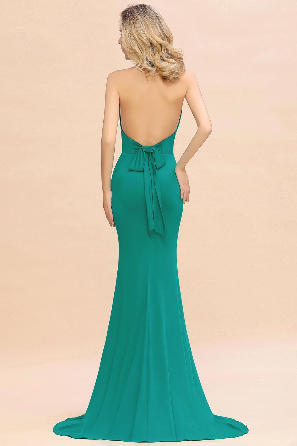 Elegant Halter Deep V-neck Open Back Floor-length Mermaid Prom Dress