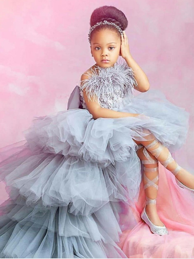 A-Line Chapel Train Wedding / Party Flower Girl Dresses - Poly Sleeveless Strapless With Feathers / Fur / Tier / Solid