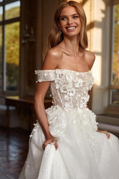 Charming Long A-line Off the Shoulder Glitter Tulle Lace Wedding Dress