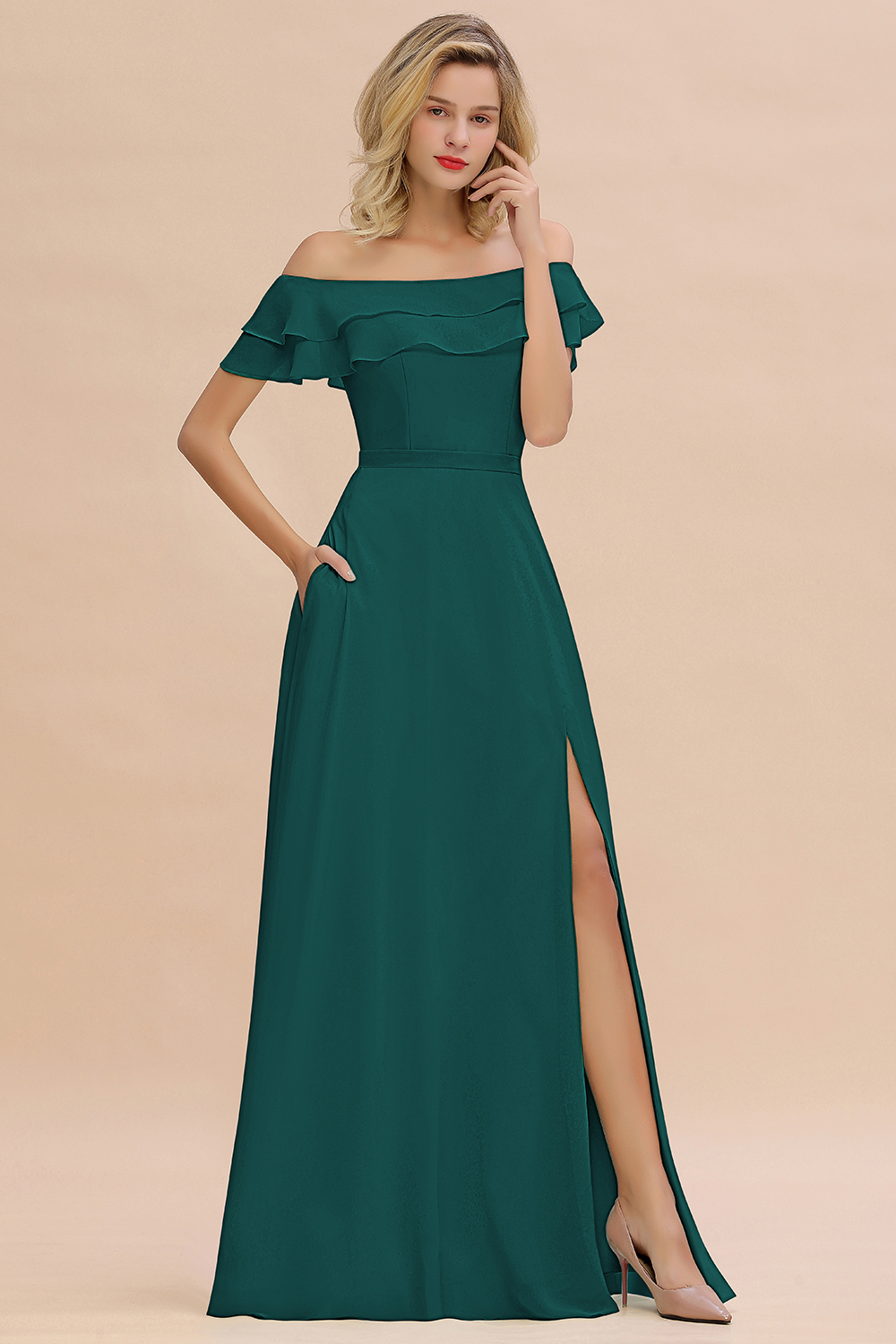 Off-the-Shoulder Front Slit Mint Green Long Bridesmaid Dress