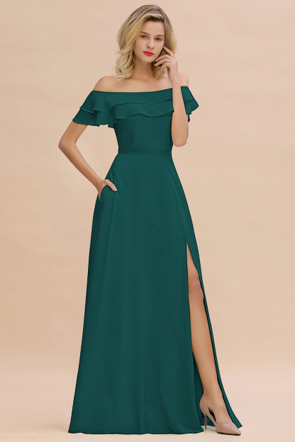 Off-the-Shoulder Front Slit Mint Green Long Bridesmaid Dress